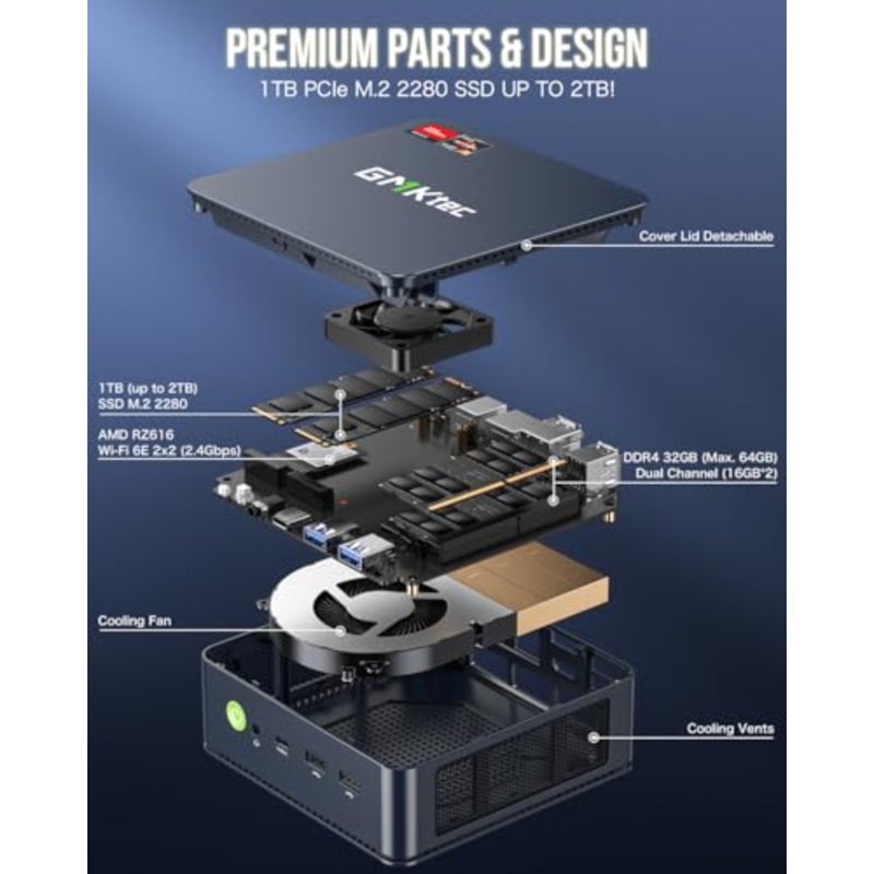M5 Ultra Gaming Mini PC Ryzen 7 7730U ترقية 7430U/ 5825U 32 جيجا رام 1 تيرابايت SSD Dual NIC LAN 2.5 جيجا بايت أجهزة كمبيوتر مكتبية منزلية، شاشة ثلاثية 8K، WiFi 6E، USB3.2، USB-C، BT، DP، HDMI 2.0 - Image 2