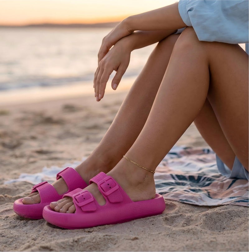 BenSorts Pillow Slippers for Women Cute Sandal Adjustable Buckles Soft Recovery Slides Shower Spa Bath House Slippers Indoor Hot Pink Men Size 8.5 9 9.5 Women Size 9.5 10 10.5 - Image 2