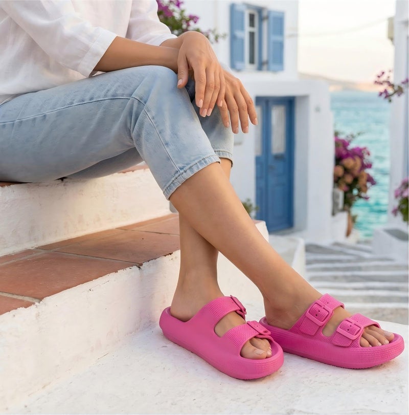 BenSorts Pillow Slippers for Women Cute Sandal Adjustable Buckles Soft Recovery Slides Shower Spa Bath House Slippers Indoor Hot Pink Men Size 8.5 9 9.5 Women Size 9.5 10 10.5 - Image 3