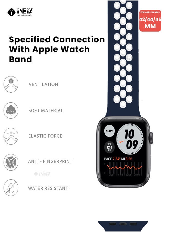 INEIX - Soft Silicone Sport Nike Edition Replacement Strap For Apple Watch 42/44/45 mm - Blue/White - Image 1