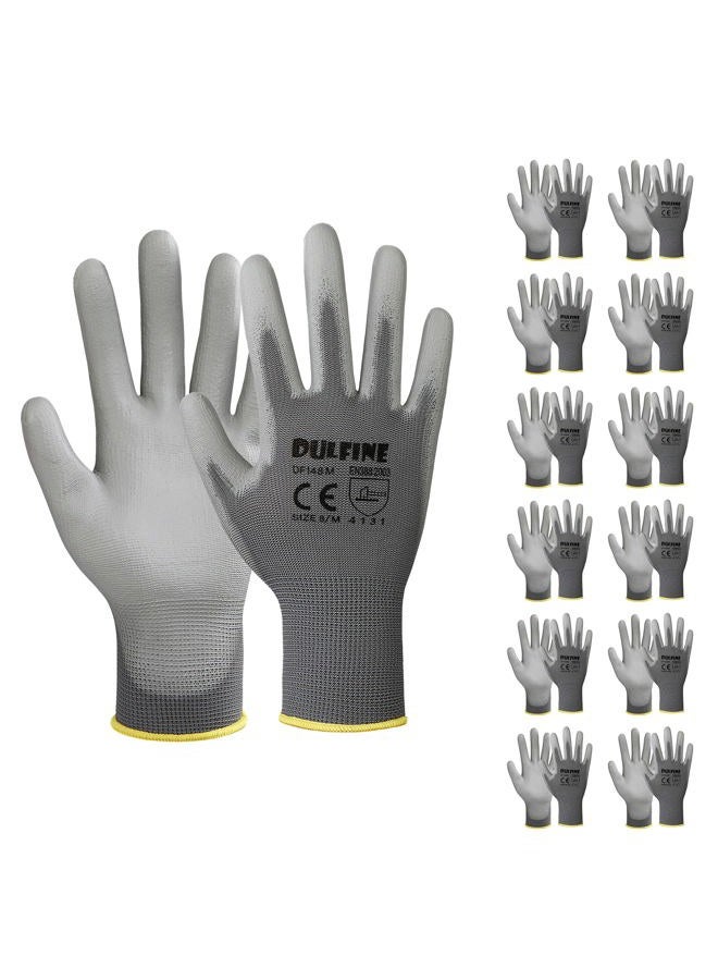 DULFINE Safety Work Gloves PU Coated-12 Pairs,Grey Seamless Knit Glove with Polyurethane Coated Smooth Grip on Palm & Fingers, for Men and Women, Ideal for General Duty Work (Medium) - Image 1