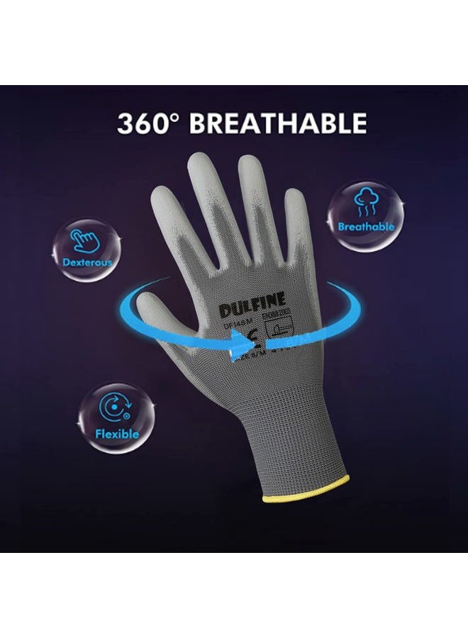 DULFINE Safety Work Gloves PU Coated-12 Pairs,Grey Seamless Knit Glove with Polyurethane Coated Smooth Grip on Palm & Fingers, for Men and Women, Ideal for General Duty Work (Medium) - Image 2