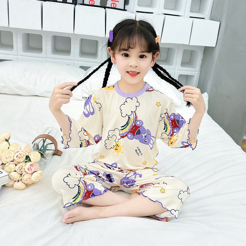 Girls Modal Pajamas Summer Thin Girls Seven-point Sleeve Childrens Ice Silk Home Clothes Big Childrens Air-conditioning Clothes suit Sail-wood ear side suit) rice bottom big rabbit 