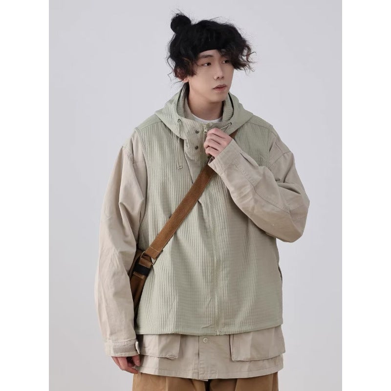 Japanese Style Loose Hooded Vest Vest Mens Summer cityboy Casual Workwear Sleeveless Jacket Thin All-match Trendy U34 [light khaki] 