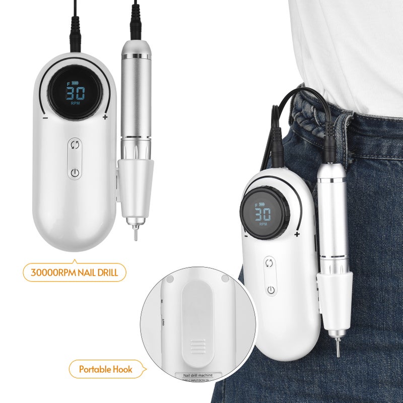Rechargeable Nail Drill Machine Electric Nail Drills 30000RPM High Speed LCD Display Screen with Nail Dril Pen Holder & Drill Bits for Acrylic Nails Manicure Pedicure Cuticle Nail Removal White - Image 3