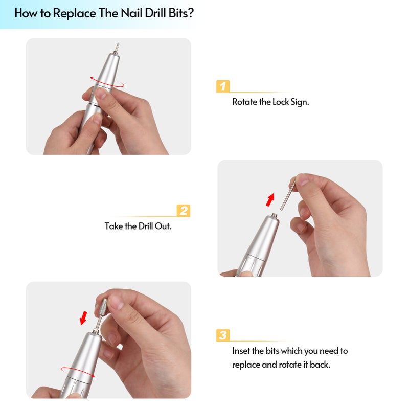 Rechargeable Nail Drill Machine Electric Nail Drills 30000RPM High Speed LCD Display Screen with Nail Dril Pen Holder & Drill Bits for Acrylic Nails Manicure Pedicure Cuticle Nail Removal White - Image 5