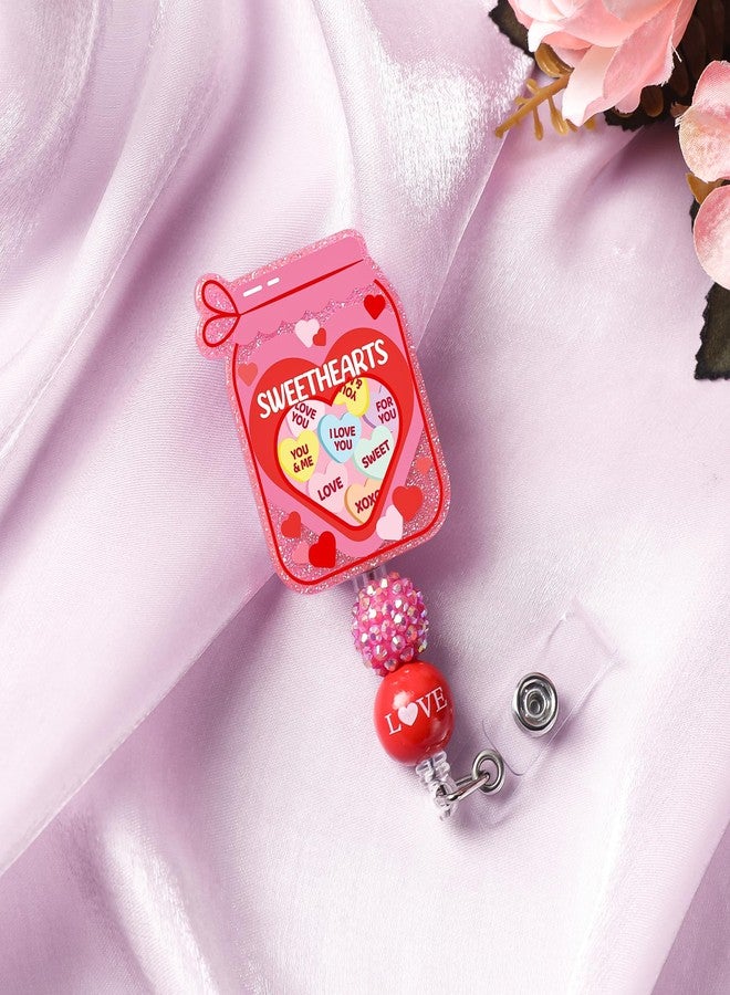 AFRITEE Valentine's Day Badge Holder Retractable - Pink Sweethearts ID Badge Reel with Alligator Clip Holiday Gift for Nurses, Love Acrylic Glitter Name Badge Reels Suitable for School Teachers - Image 3