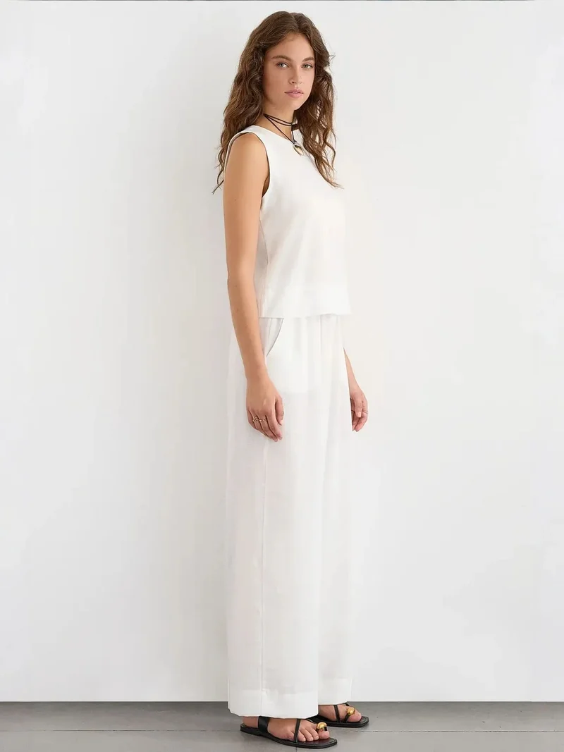 HICCUP White Linen Feel Blouse & Elastic Waist Pants Two-Piece Coord Set for Women | Best Price UAE