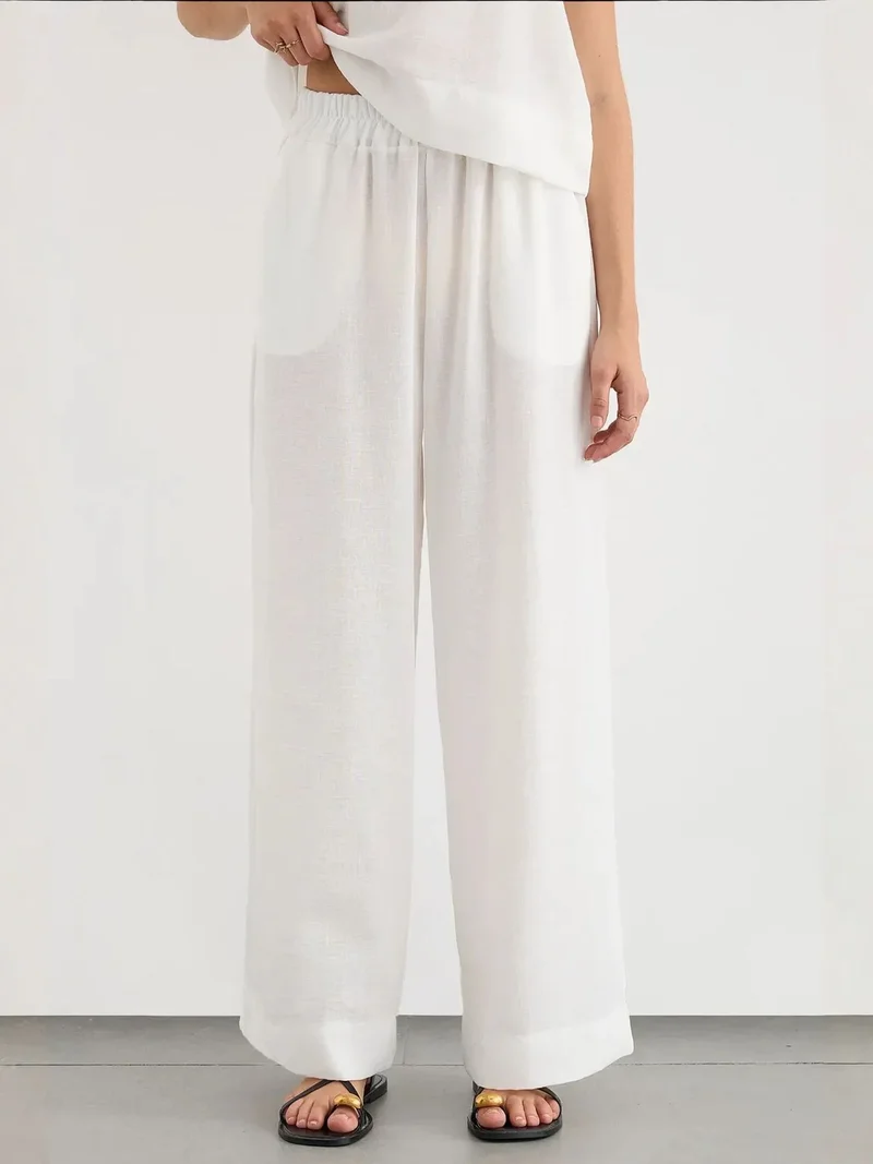 HICCUP White Linen Feel Blouse & Elastic Waist Pants Two-Piece Coord Set for Women | Best Price UAE