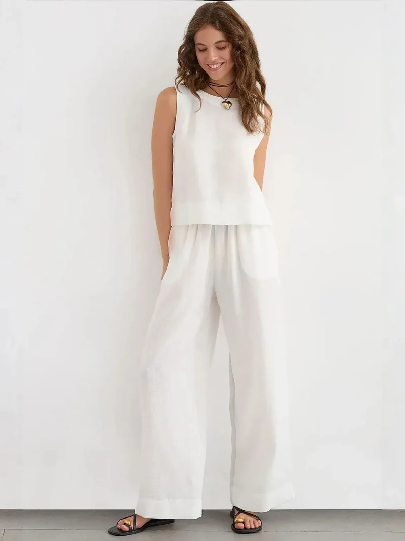 Linen Feel Blouse & Elastic Waist Pants Two-Piece Coord Set