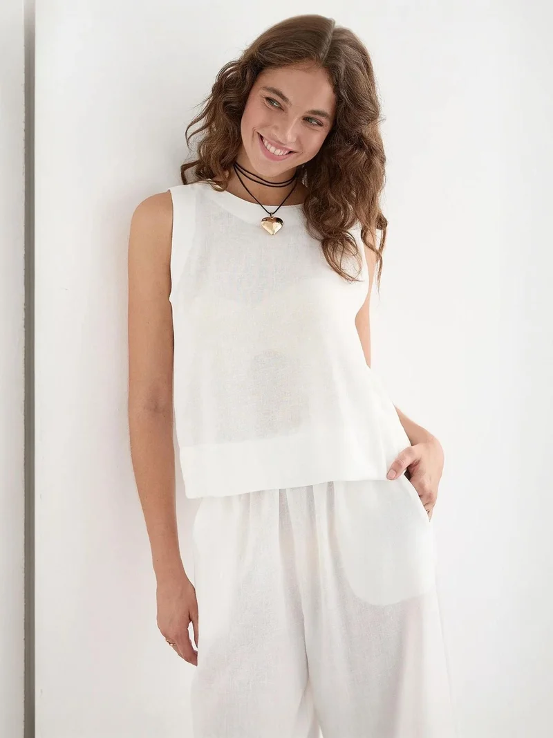 HICCUP Linen Feel Blouse & Elastic Waist Pants Two-Piece Coord Set