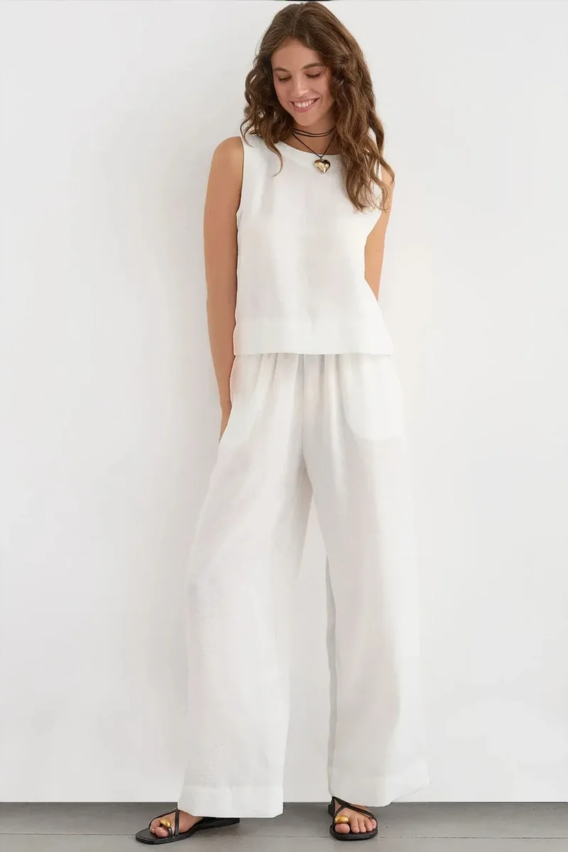 Hiccup Linen Feel Blouse & Elastic Waist Pants Two-Piece Coord Set