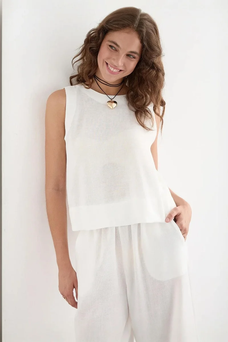 Hiccup Linen Feel Blouse & Elastic Waist Pants Two-Piece Coord Set