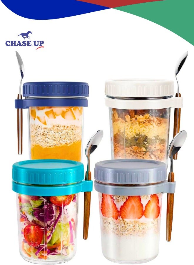 Chase Up 4_Packs Overnight Oats Jars with Lids & Spoons– Reusable Glass Food Containers with Measurement Marks Large Capacity Airtight Jars for Milk, Cereal, Fruit, Oatmeal (Pack of 4) - Image 1