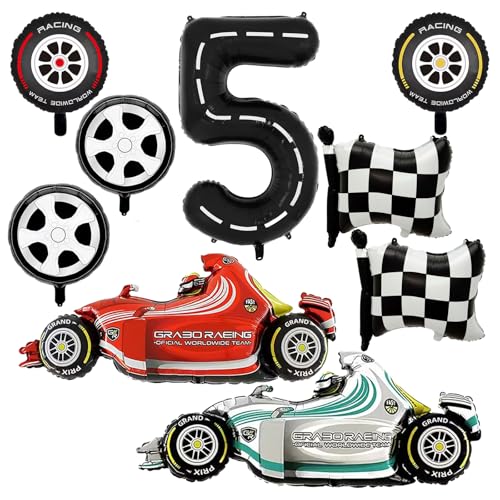 YiYou Number 5 Race Car Balloons 43 Inch Race Car Party Decorations Wheel Tire Balloon Black and White Checkered Foil Balloons for Boys 5th Birthday Party Decoration Pack of 9 - Image 1