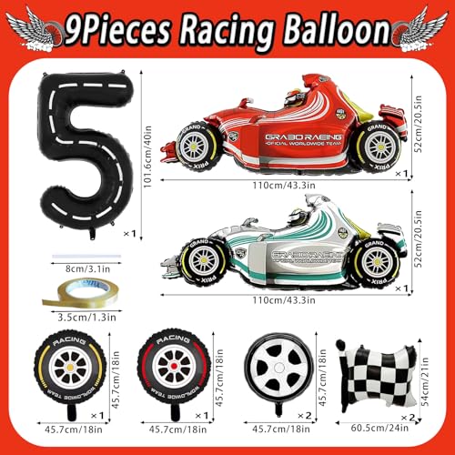 YiYou Number 5 Race Car Balloons 43 Inch Race Car Party Decorations Wheel Tire Balloon Black and White Checkered Foil Balloons for Boys 5th Birthday Party Decoration Pack of 9 - Image 5
