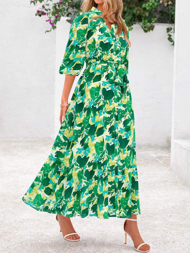 MASCOMODA Womens Floral Maxi Dresses Boho Summer Casual V Neck 3/4 Puff Sleeve Button Down Tie Waist Long Flowy Shirt Dress(Green Floral,Large) - Image 3