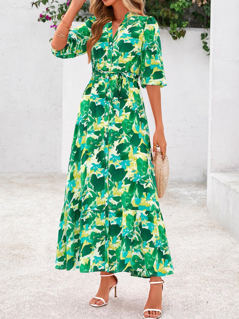 MASCOMODA Womens Floral Maxi Dresses Boho Summer Casual V Neck 3/4 Puff Sleeve Button Down Tie Waist Long Flowy Shirt Dress(Green Floral,Large) - Image 4
