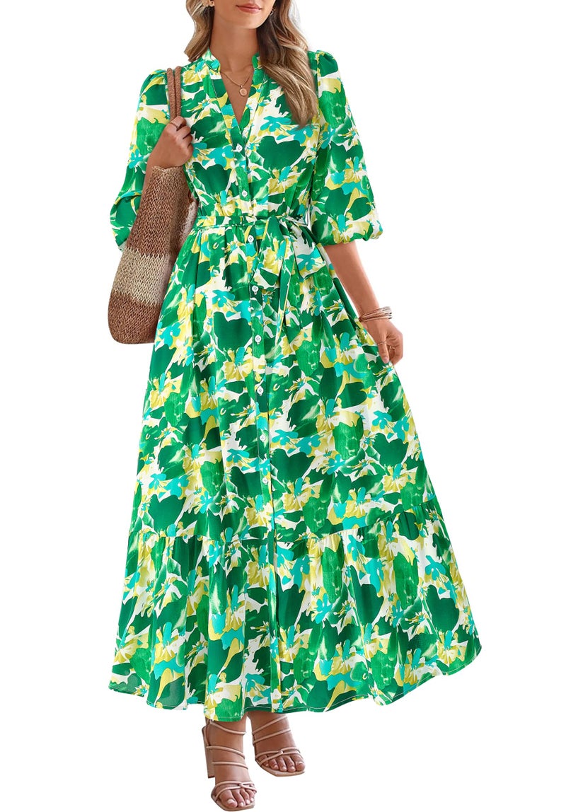 MASCOMODA Womens Floral Maxi Dresses Boho Summer Casual V Neck 3/4 Puff Sleeve Button Down Tie Waist Long Flowy Shirt Dress(Green Floral,Large) - Image 1