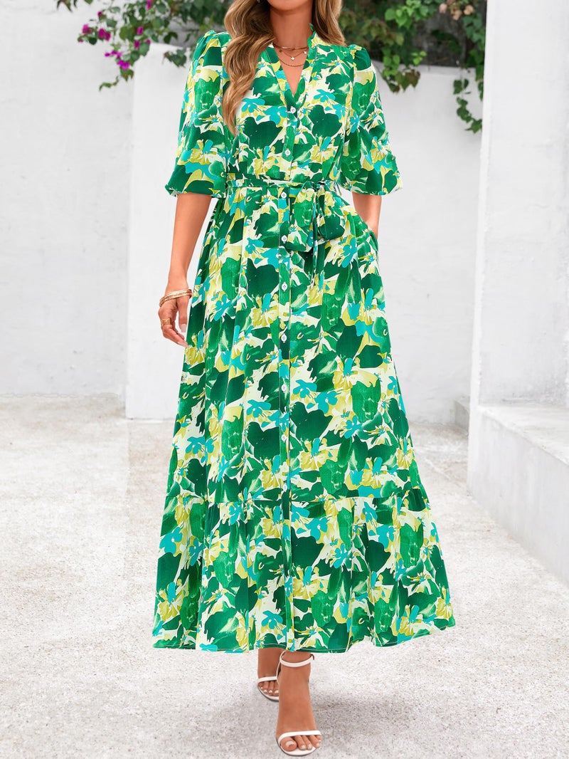 MASCOMODA Womens Floral Maxi Dresses Boho Summer Casual V Neck 3/4 Puff Sleeve Button Down Tie Waist Long Flowy Shirt Dress(Green Floral,Large) - Image 2