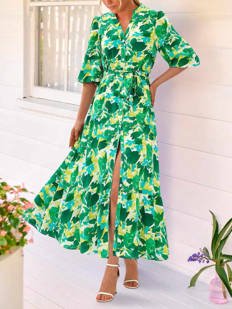 MASCOMODA Womens Floral Maxi Dresses Boho Summer Casual V Neck 3/4 Puff Sleeve Button Down Tie Waist Long Flowy Shirt Dress(Green Floral,Large) - Image 5