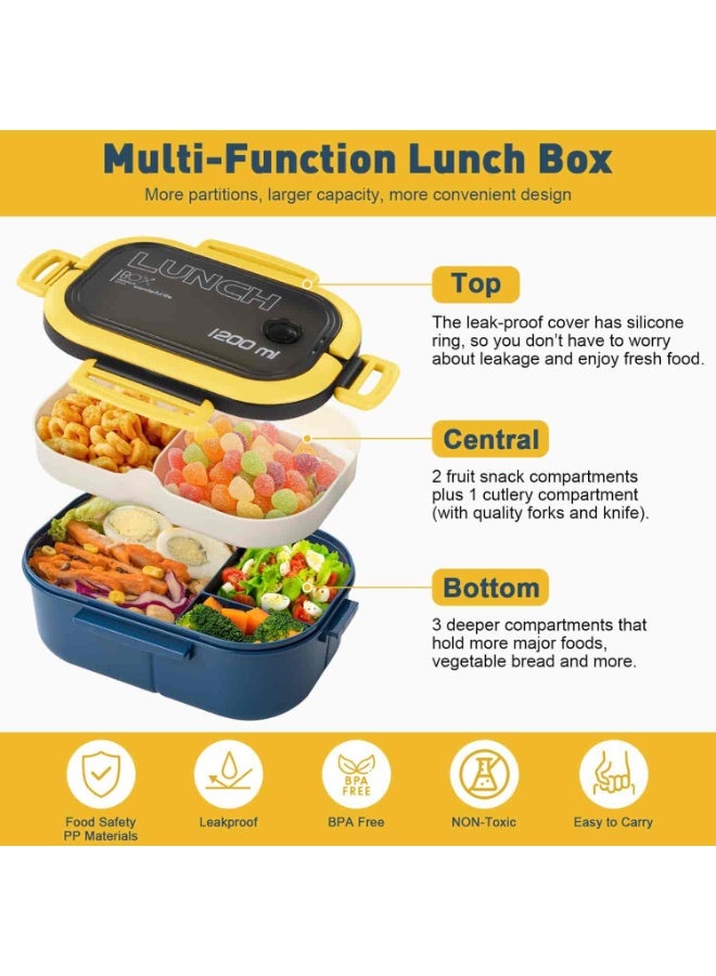 Anmi Large 1200ML Lunch Box, Double Layer Bento Box with Cutlery | Leak-Proof BPA-Free Food Container | Microwave & Dishwasher Safe | for Office, School, Picnic | Men & Women (Blue) - Image 3