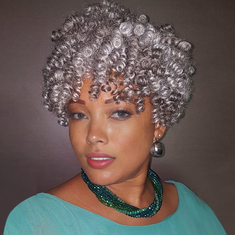 ميمن 5 عبوات شعر كروشيه رمادي مجعد قصير بطول 10 إنش للنساء السود 12 مم تجعيد حلزوني رمادي لشعر كروشيه صناعي للنساء لتصميم تسريحات موهوك أفرو مختلط بالرمادي