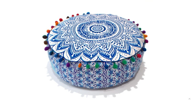 CRAFT KALA 16" Round Large Hippie Mandala Meditation Floor Ottoman Pillow Cushion Pouf Cover Square Poufs Bohemian Circle Floor Cushion Case Outdoor Fireplace Yoga Living Room Decor Cover Blue Ombre - Image 1