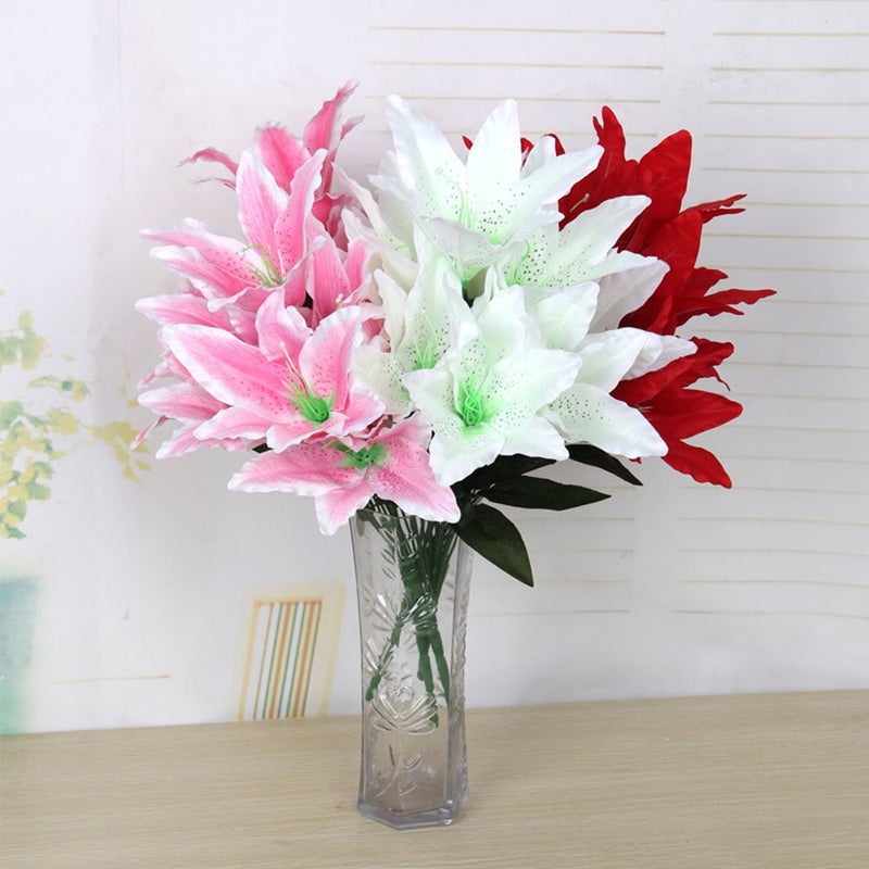 Artfen Artificial Lily 10 Heads Fake Lily Artificial Flower Wedding Party Decor Bouquet Home Hotel Office Garden Craft Art Decor Rose Red - Image 3
