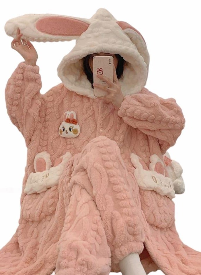 KUYING Velvet and Thickened Nightgown Cute Cartoon Home Fur Set