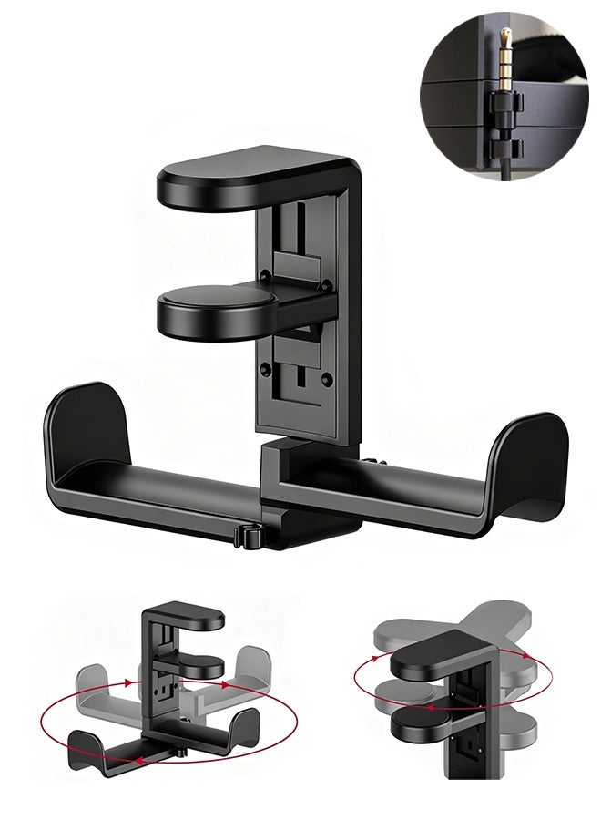 MXN 2 in 1 Dual Headphone Stand Holder with Adjustable Clamp & Cable Clip Organizer 360 Degree Rotating Headphone Hanger - Headset Mount Under Desk Earphone Clamp for Desk PC Gaming Setup (Black) - Image 1