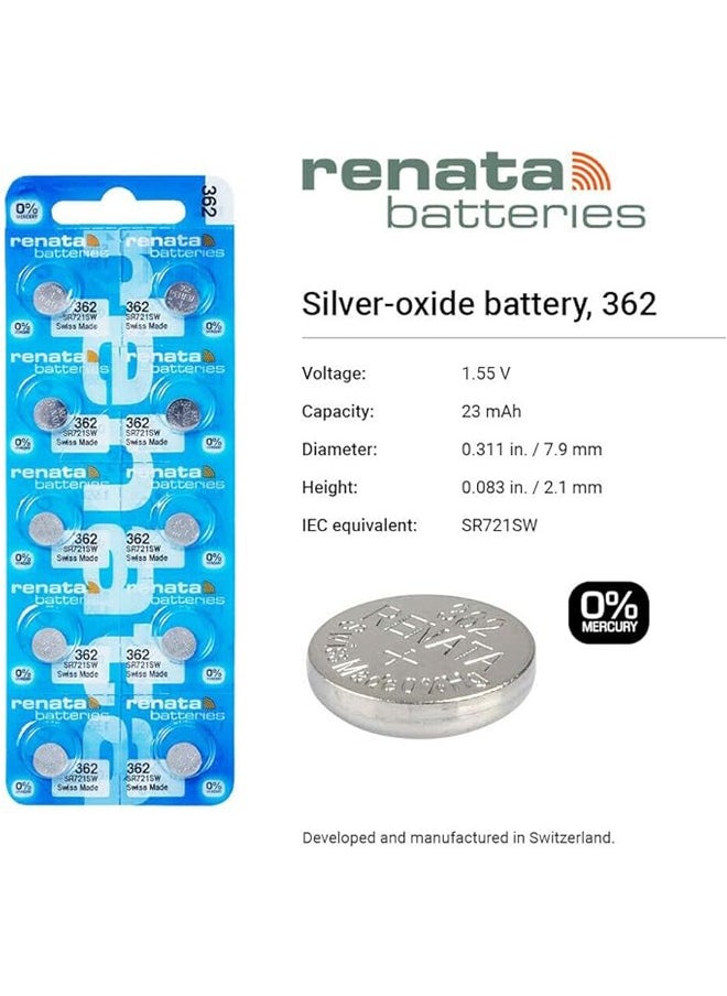Renata - Renata wristwatch battery - Swiss made, 1.55V button cell, Renata Long Life Battery, Strap (10 pcs) 362-3, SR721SW - Image 1