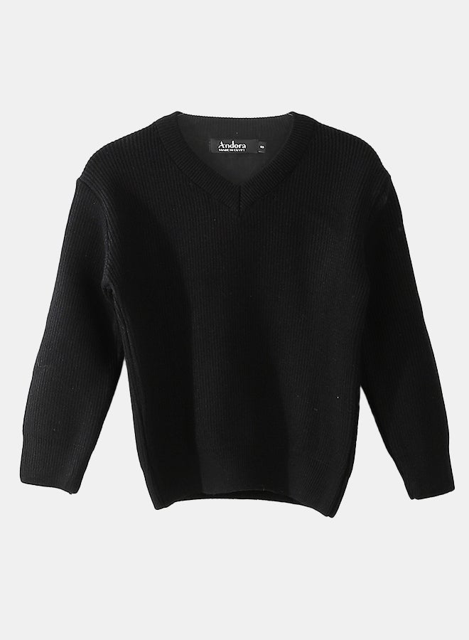 Andora V-Neck Knitted Plain Black Pullover_Black - Image 1
