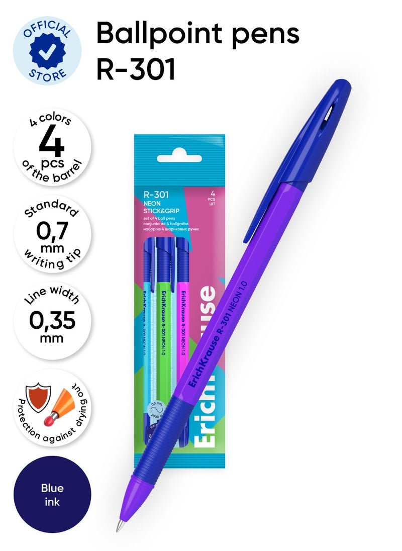 ErichKrause - Set of 4 ballpoint pens R-301 Stick&Grip Neon 0.7, ink color: blue (in polybag) - Image 1