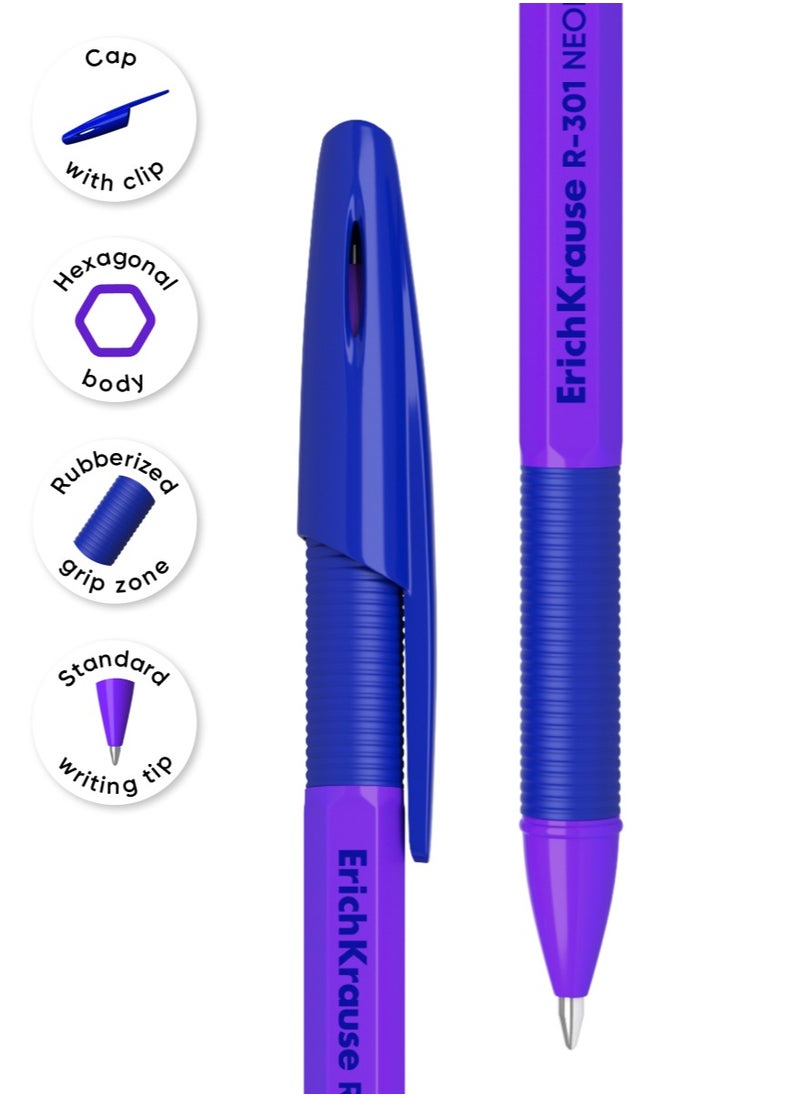 ErichKrause - Set of 4 ballpoint pens R-301 Stick&Grip Neon 0.7, ink color: blue (in polybag) - Image 1