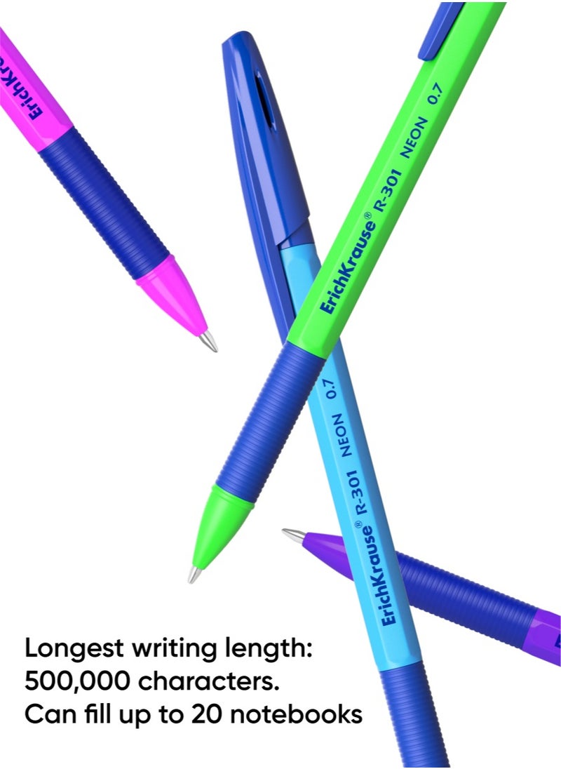 ErichKrause - Set of 4 ballpoint pens R-301 Stick&Grip Neon 0.7, ink color: blue (in polybag) - Image 1