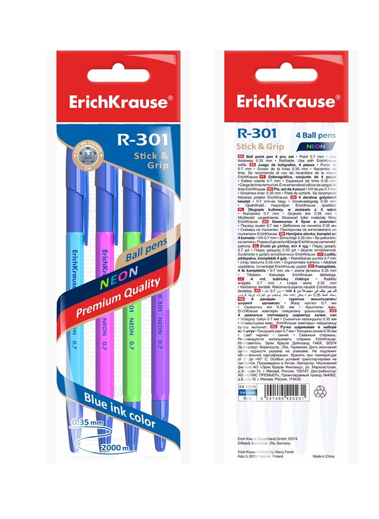 ErichKrause - Set of 4 ballpoint pens R-301 Stick&Grip Neon 0.7, ink color: blue (in polybag) - Image 1