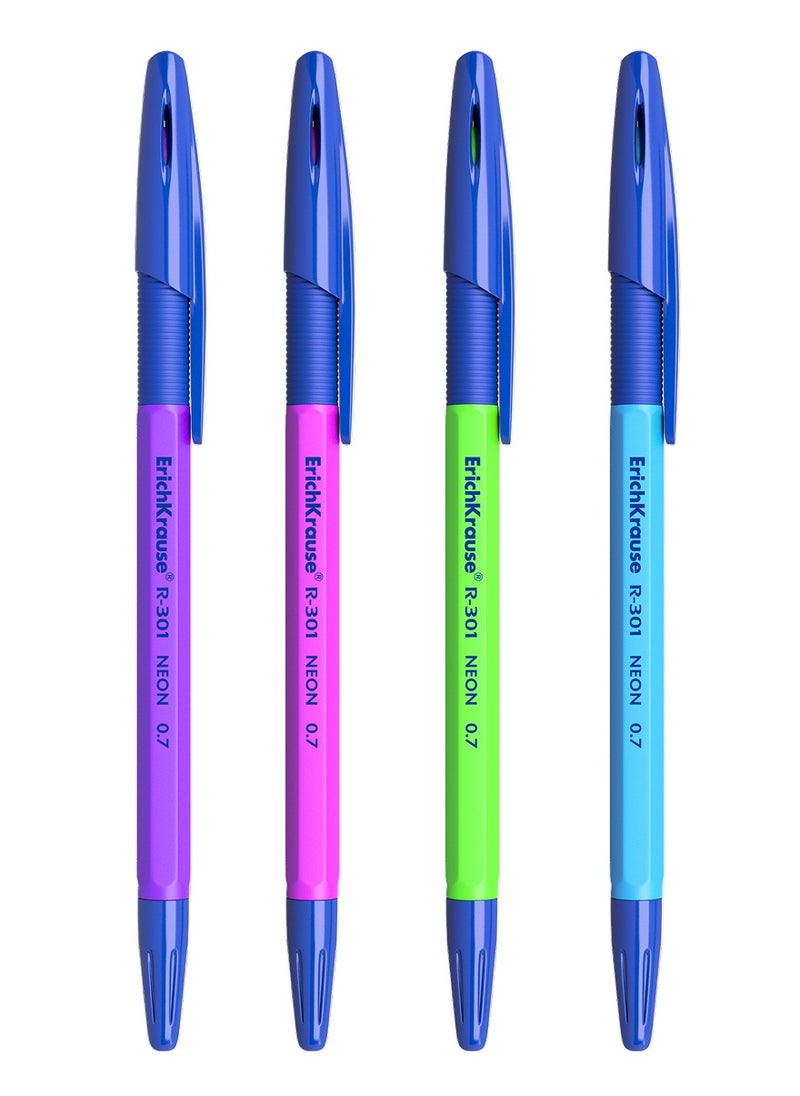 ErichKrause - Set of 4 ballpoint pens R-301 Stick&Grip Neon 0.7, ink color: blue (in polybag) - Image 1