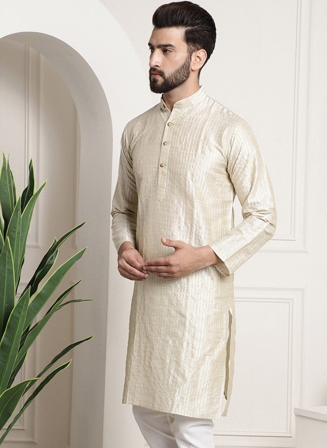 Sojanya Cream Striped Band Collar Kurta for Men - Image 4