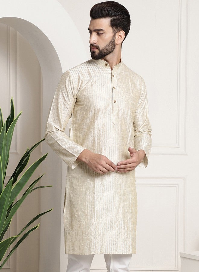 Sojanya Cream Striped Band Collar Kurta for Men - Image 3