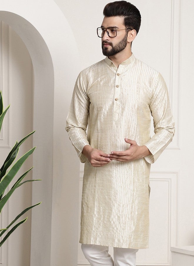Sojanya Cream Striped Band Collar Kurta for Men - Image 1