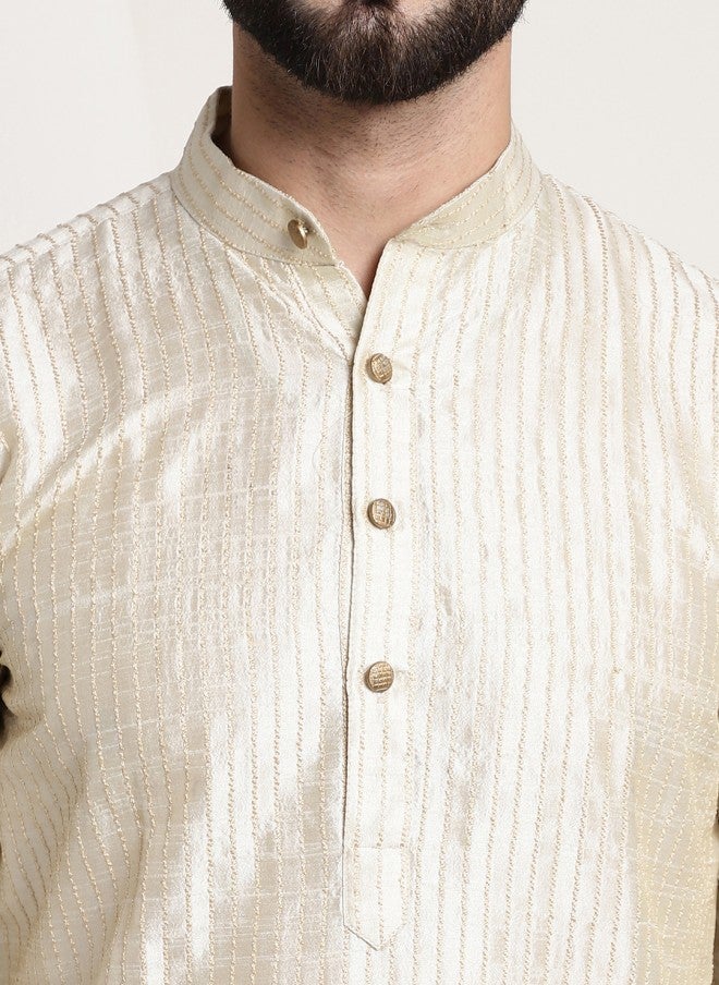 Sojanya Cream Striped Band Collar Kurta for Men - Image 2