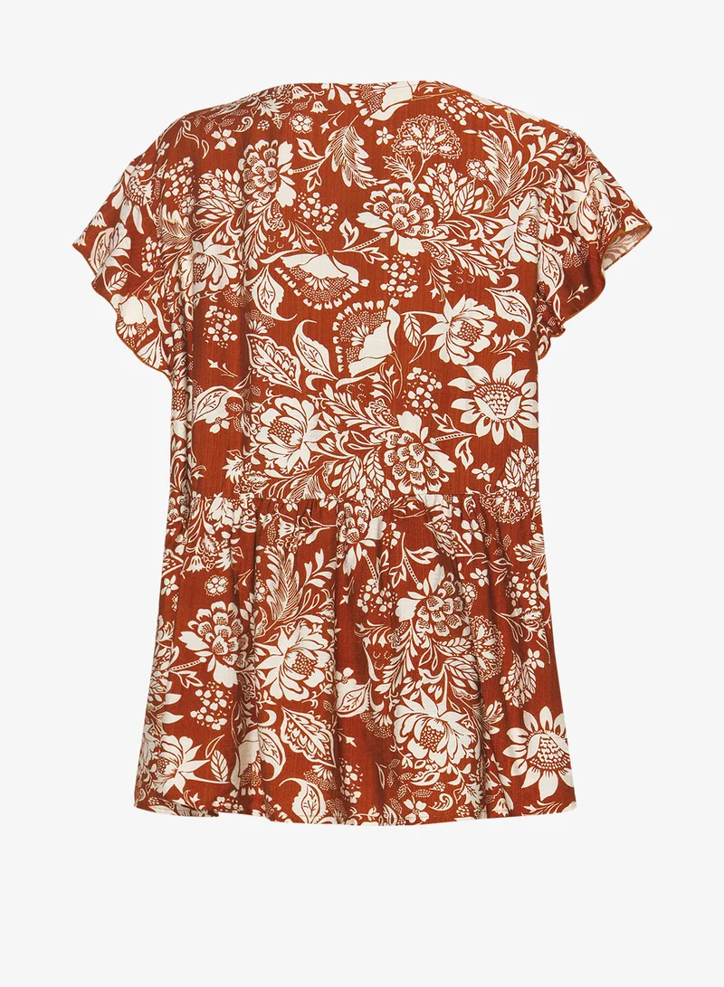 جينجر بلس V Neck Boho Floral Print Top