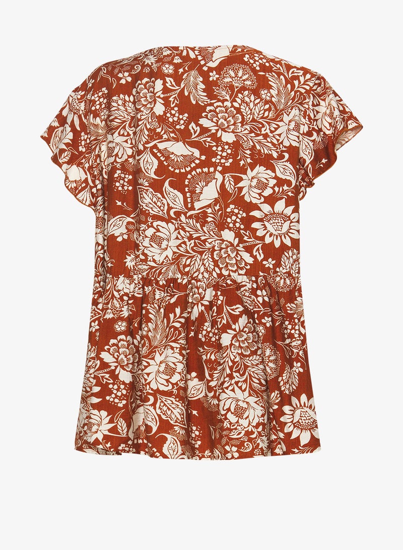 جينجر بلس بلوزة بوهيمية بطبعة زهور وياقة على شكل حرف - Image 2