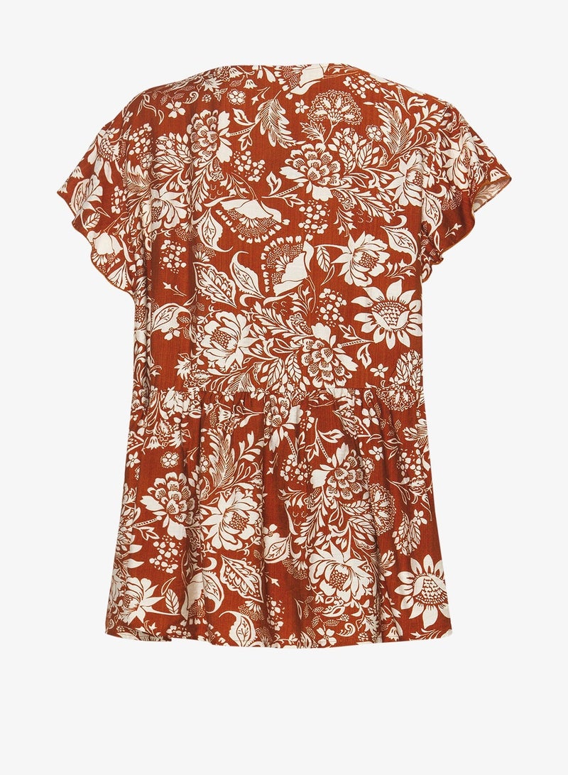 جينجر بلس بلوزة بوهيمية بطبعة زهور وياقة على شكل حرف - Image 2