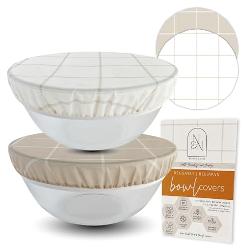 Nectar & Nest Reusable Bowl Covers for Bread Proofing (2 Lg) - Beeswax Bowl Covers Reusable, 100% Organic Cotton, Elastic Cover for Sourdough, Dough Proofing and Food Storage, Compostable - Image 1