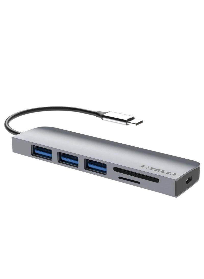 إنتلي USB C HUB 6 In 1 LynkHub Go - 3 منافذ USB-A - فتحة بطاقة SD - فتحة بطاقة Micro SD - منفذ USB-C PD شحن 60W  - Image 1