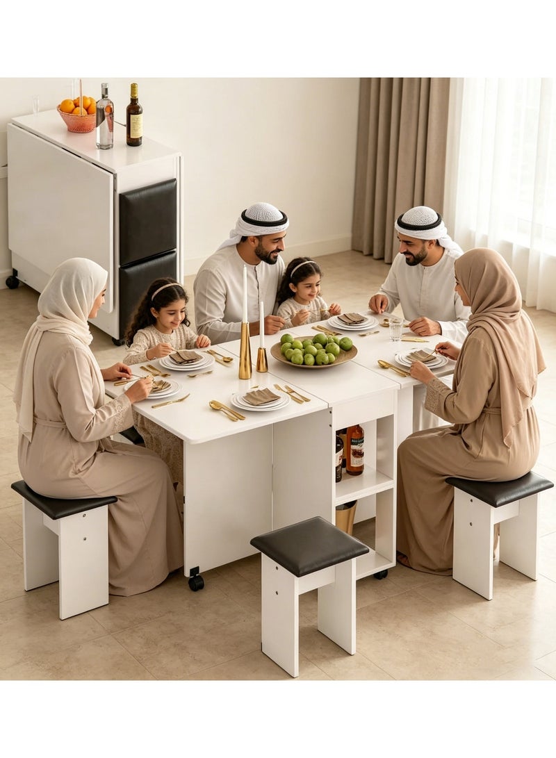  CityRiya-Long طقم طاولات طعام 5 قطع، طاولة عشاء قابلة للطي مع 4 كراسي ورفوف جلدية، طاولات وكراسي طعام للمطبخ مقاس 120 * 60 سم، طاولات مطبخ بعجلات موفرة للمساحة (A146-BK) - Image 1