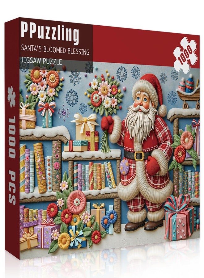PPuzzling Christmas Puzzles for Adults 1000 Piece, Santa Claus Bookshelf Jigsaw Puzzle, Flower Book Puzzle as Funny Winter Holiday Xmas Decor - Image 1