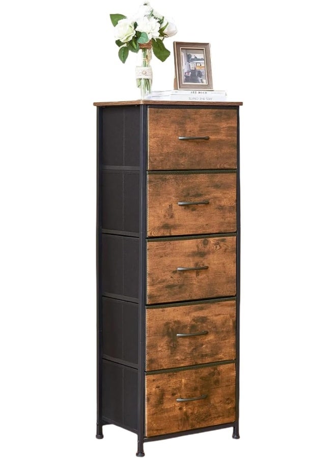 SKY-TOUCH 5 خزانة أدراج، برج أدراج تخزين عمودي، خزانة ملابس طويلة لتنظيم غرفة النوم، حضانة، خزائن، إطار فولاذي متين مع سطح خشبي، بني - Image 1